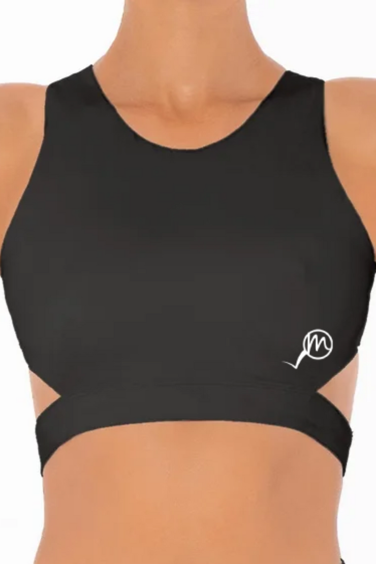 FabricFlex Side Slit & High Back Twist Sports Bra (Charcoal Black)